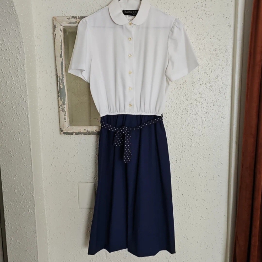 Vintage White and Navy Dress with Polka Dot Belt
